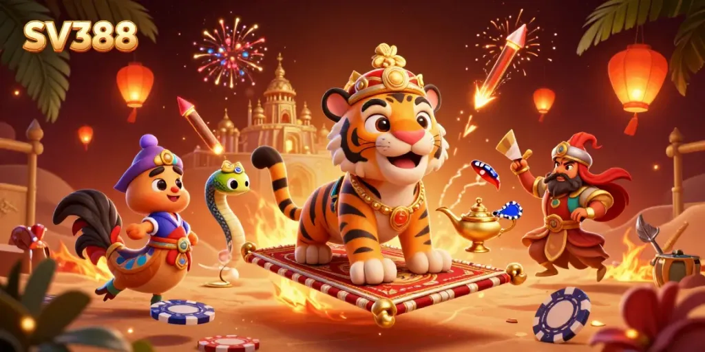 Engage in exciting cockfighting action at SV388 with stunning visuals of a tiger sultan and dynamic elements.