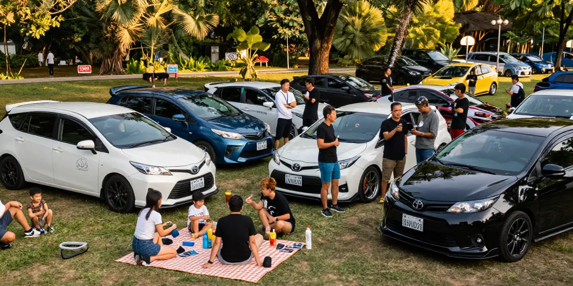 Ein lebhaftes Community-Treffen für Toyota-Fans, das detaillierte Diskussionen über ihre Verso-Modelle und individuelle Modifikationen zeigt.
