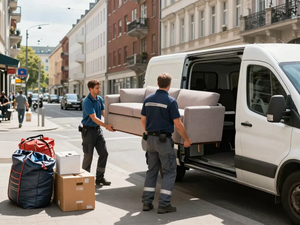 Entrümpelung Berlin: Professionelles Team belädt Möbel im urbanen Berlin.