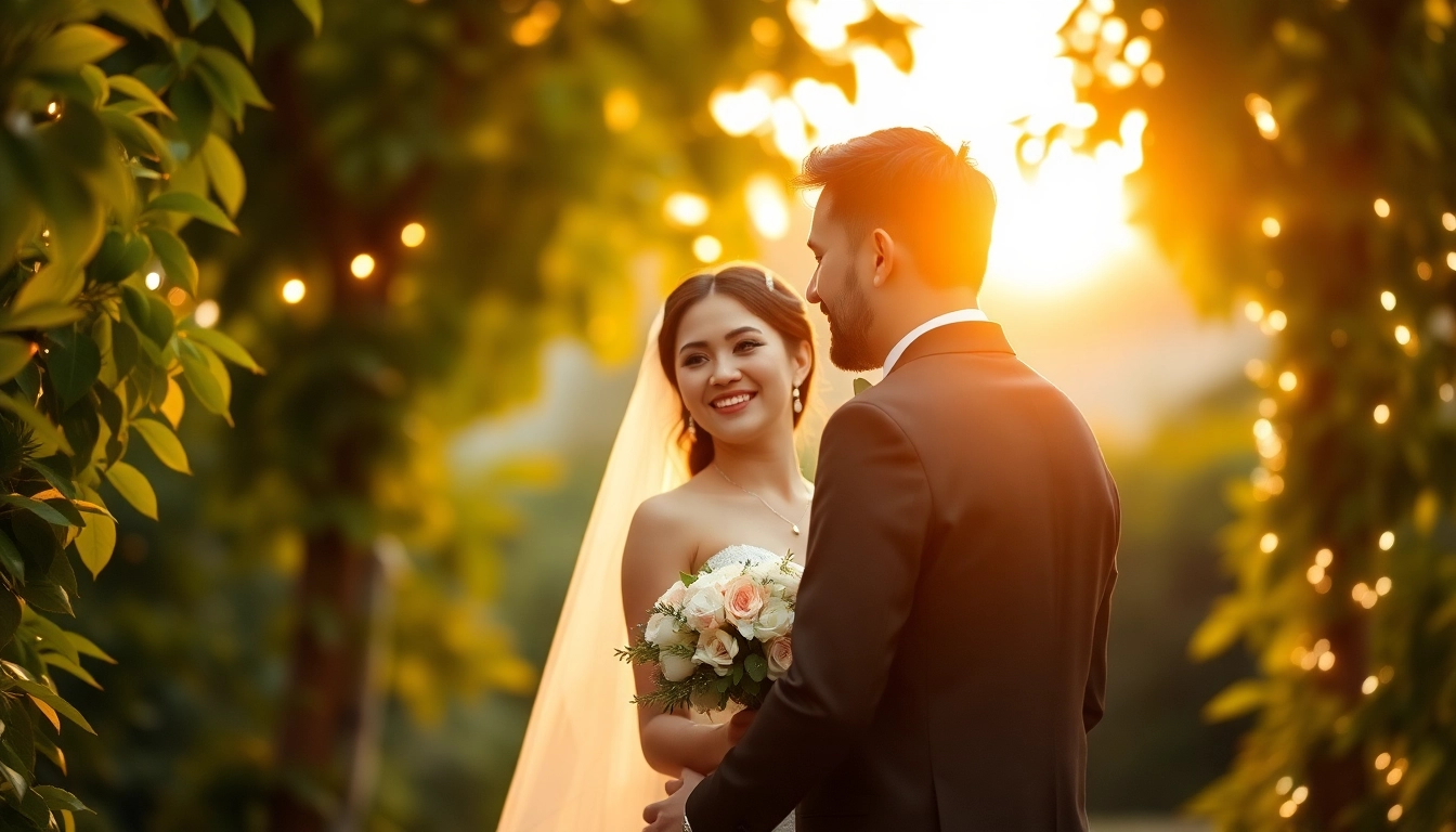 Hochzeitsfotograf München fängt romantisches Paar im Garten mit Lichter ein.