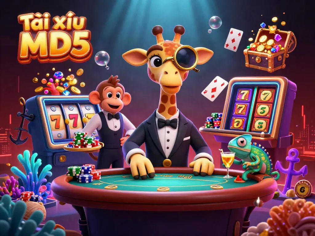 Experience gaming excitement at Tài xỉu MD5 with a high-roller giraffe and vibrant casino elements.