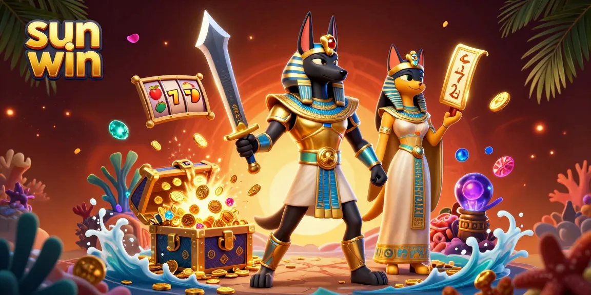 Experience thrilling gameplay with sun win, featuring Anubis and Bastet amidst slot reels and shimmering treasures.