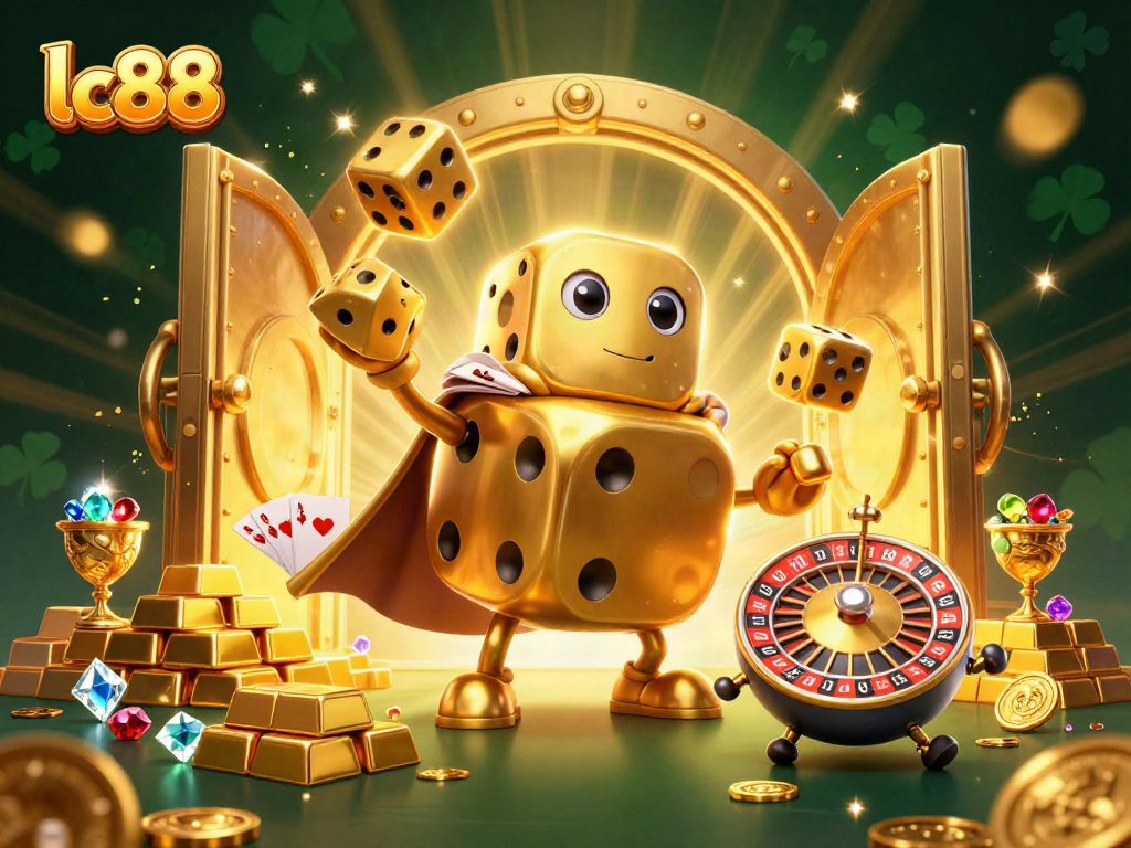 Engage with lc88's vibrant casino world, featuring a golden dice golem and sparkling treasures.