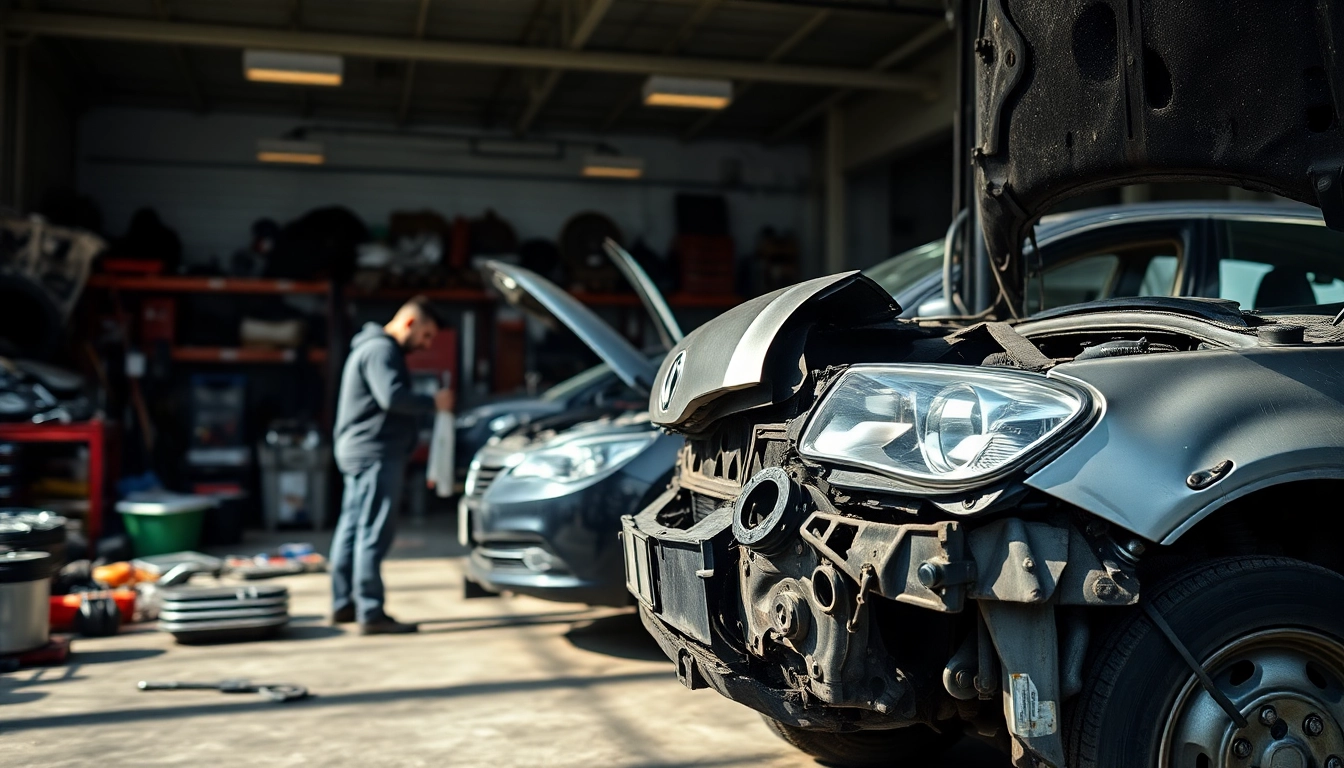 Motorschaden Ankauf: Mechanic inspecting a damaged vehicle in a car salvage setting.