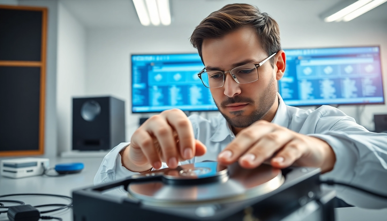 Datenrettung Festplatte Wien: Techniker inspiziert sorgfältig eine Festplatte in modernem Büro.