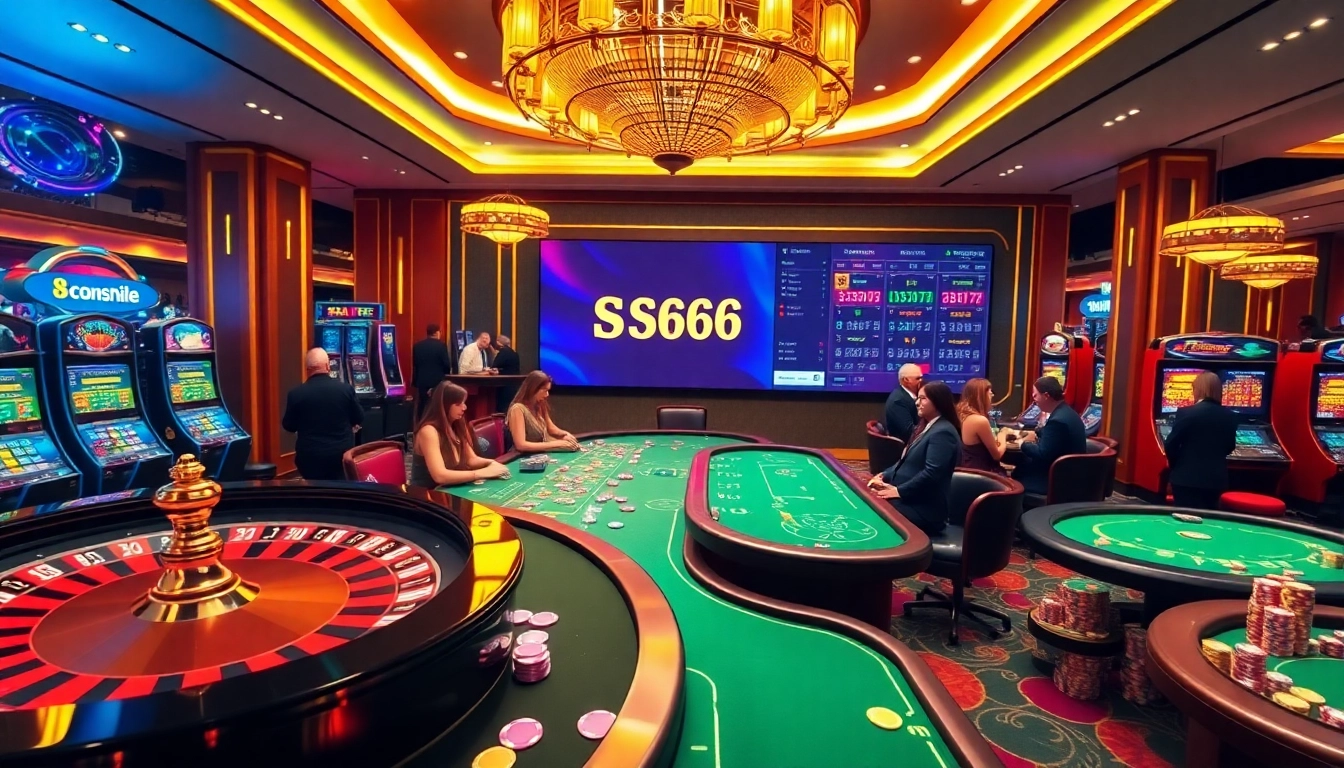 Exciting gambling scene at S666 casino with roulette and slot machines.