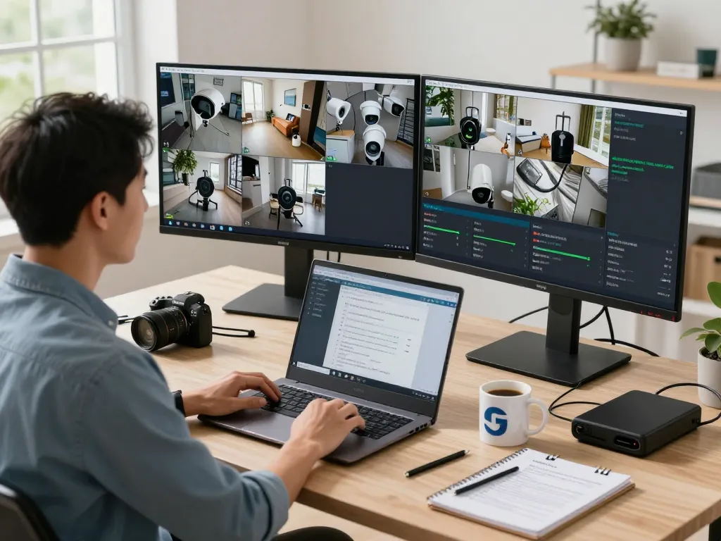 Sichere Synology Überwachungsanordnung, IT-Experte analysiert Kamerabilder in einem Heimbüro.