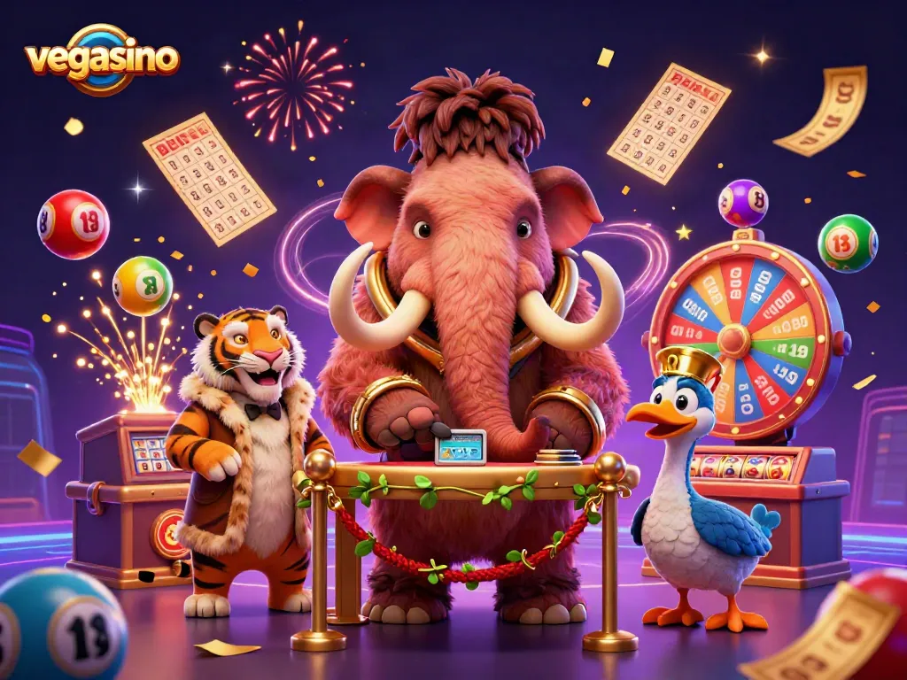 Veagasino bouncer checks IDs at a lively casino scene filled with vibrant gaming elements.