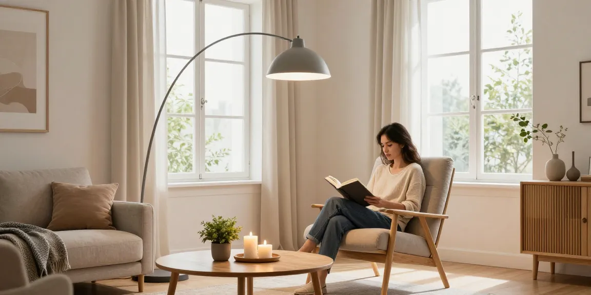 Gemütliches Wohnzimmer mit Skandinavischen Bogenlampen, die eine ruhige Leseecke beleuchten.