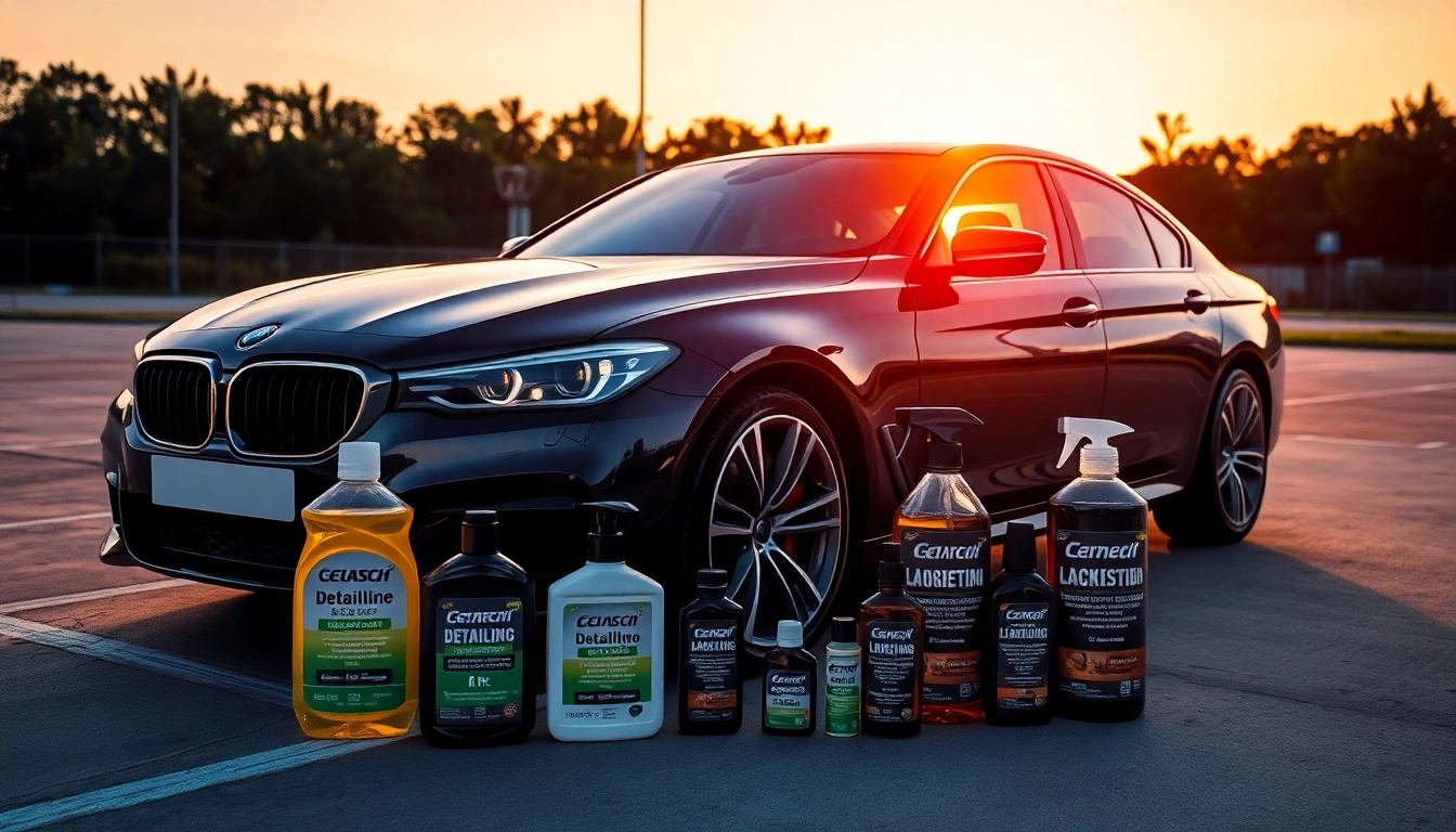 Detailing Produkte zur Verwendung an einem glänzenden Auto auf einem Parkplatz bei Sonnenuntergang