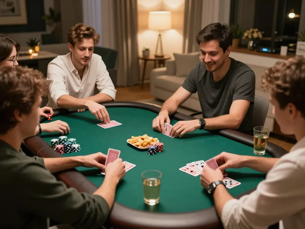 Engaged friends playing poker at home, showcasing the Soibet experience with chips and cards in action