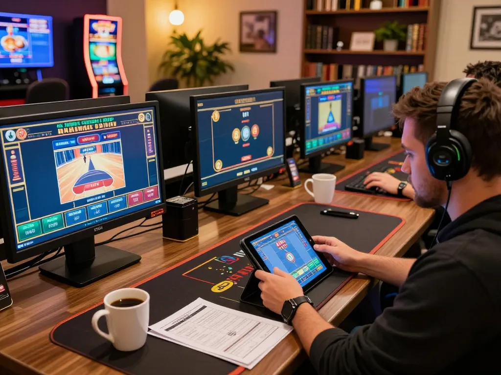 GO8 online casino player engaged in gameplay with multiple screens streaming live dealers and slots, emphasizing strategic entertainment.