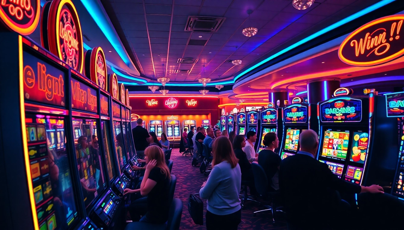 Casino Bonus ohne Einzahlung Deutschland: Entdecken Sie lebhafte Spielszenen in einem modernen Casino mit strahlenden Lichtern.