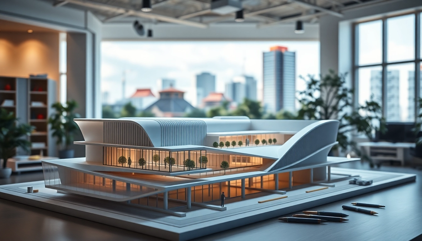 3D visualisierung eines modernen Architekturdesigns mit detaillierten Modellen und urbaner Landschaft.