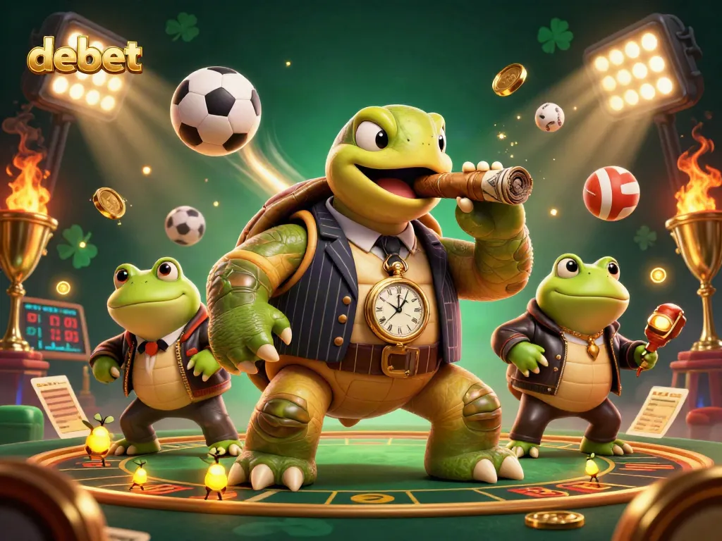 Experience debet gaming with a dynamic 3D illustration featuring cartoon characters and sports elements.