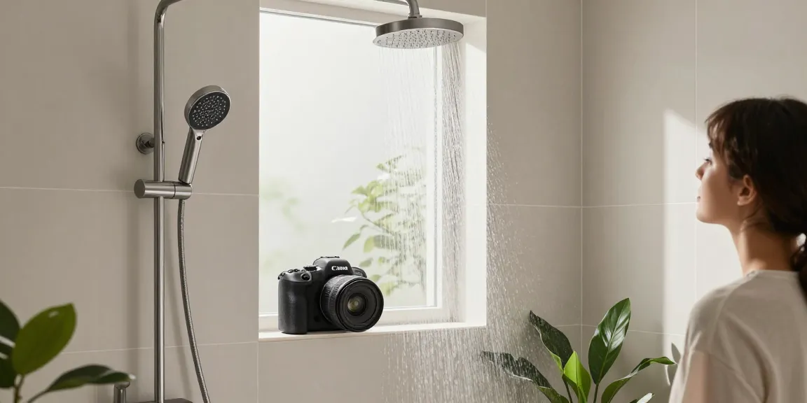 Luxe douche set gepresenteerd in een moderne badkamer met serene ambiance.