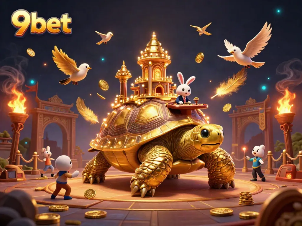 Experience the excitement of 9bet with a vibrant illustration of a golden tortoise casino featuring a rabbit dealer