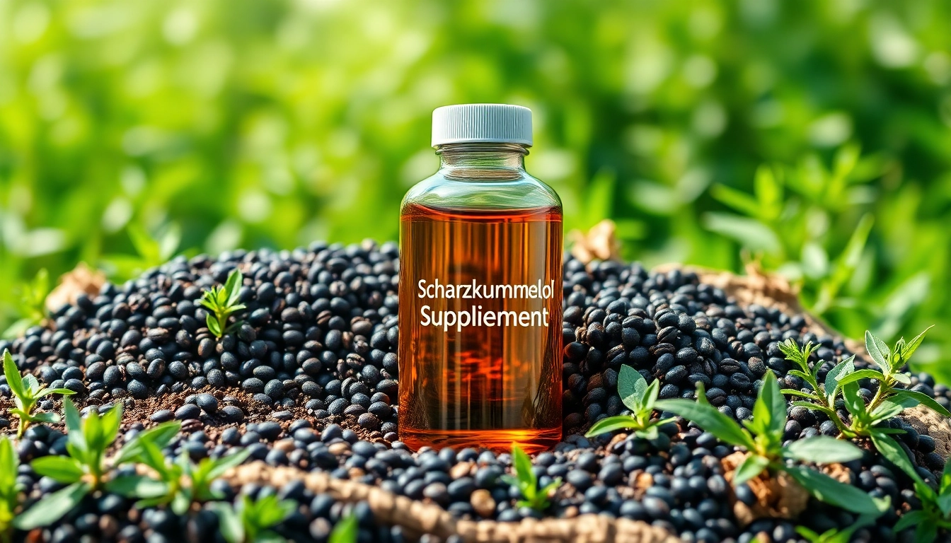 Schwarzkümmelöl Supplement in glass bottle surrounded by natural ingredients für Gesundheit und Wohlbefinden.