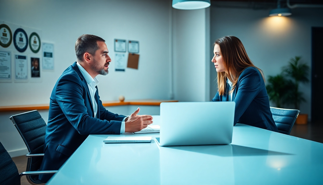 Headhunter Ingenieure führen ein Interview in einem modernen Büro. Siehe den Fokus auf Professionalität.