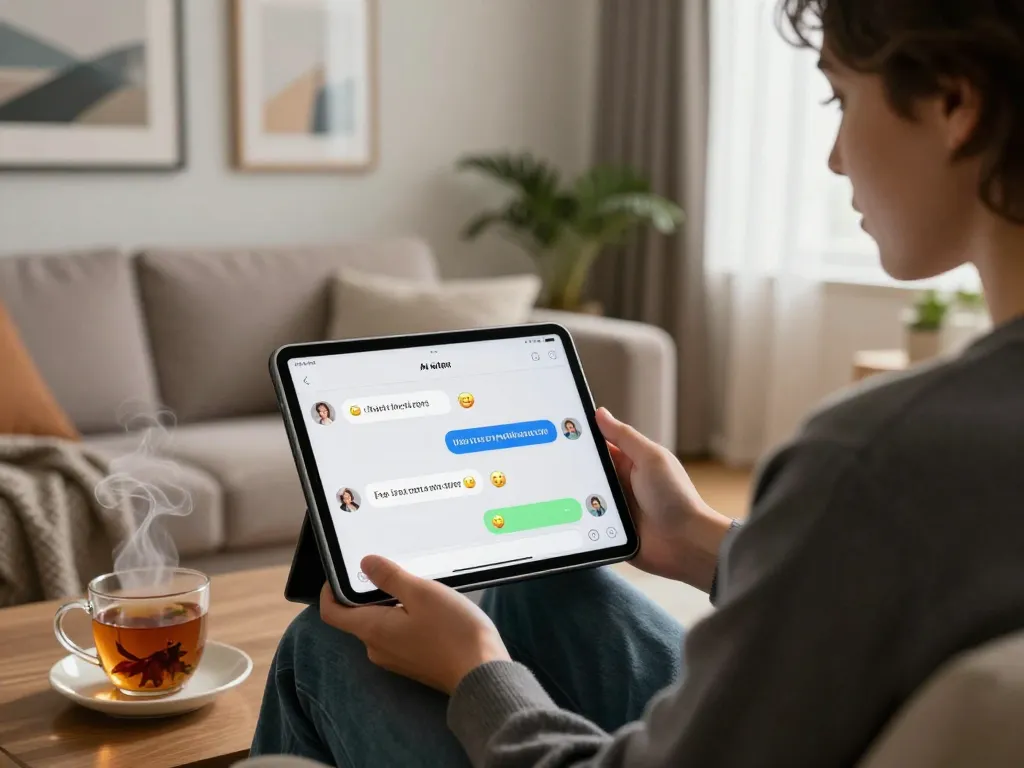 Person chatting with sexting AI on a tablet in a cozy living room atmosphere.