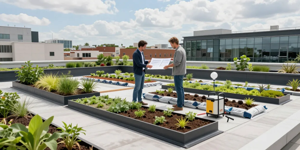 Detaillierte Dach Aufbau-Szene, die den Prozess der modernen Gründachinstallation mit Pflanzen und Materialien zeigt.