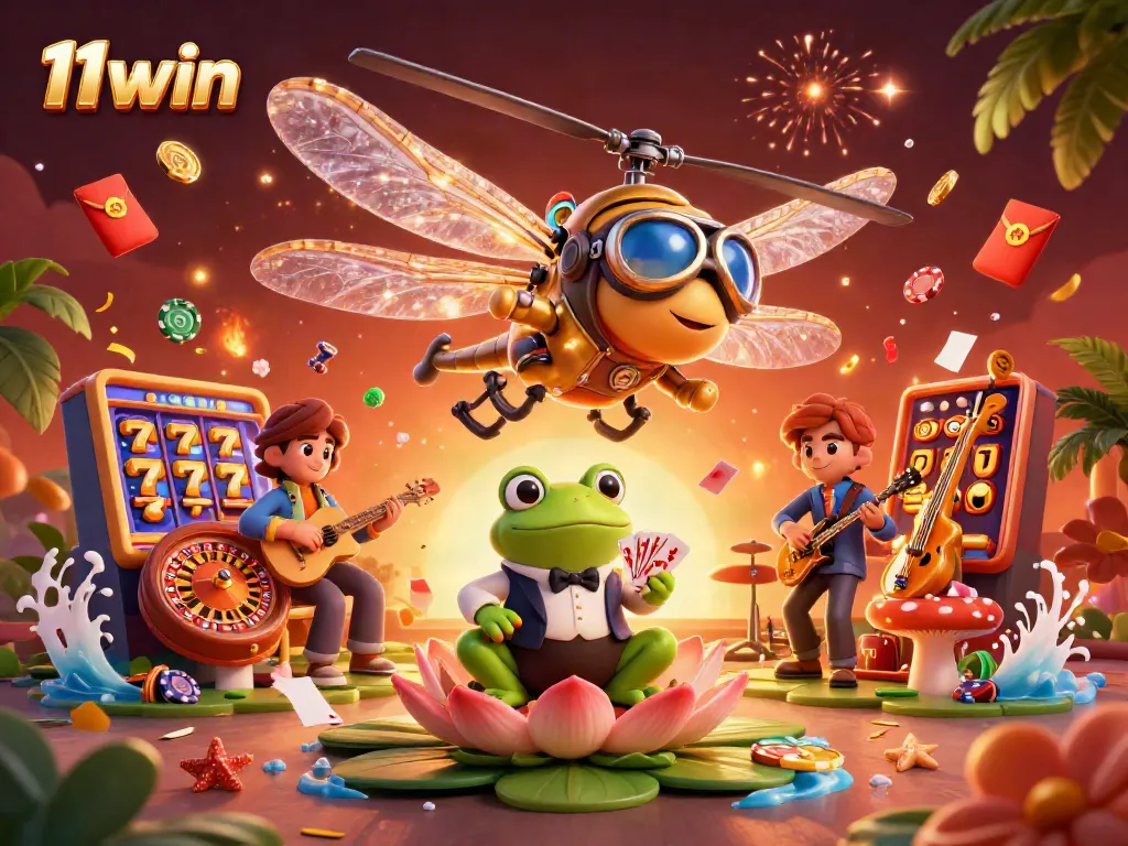Experience thrilling gaming at 11win with a vibrant casino scene featuring a dragonfly pilot and frog dealer.
