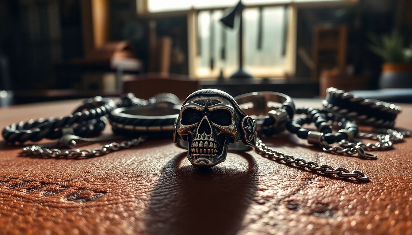Bikerschmuck in Form eines faszinierenden Silberringes mit einem Totenkopf-Design, umgeben von einzigartigen Armbändern.