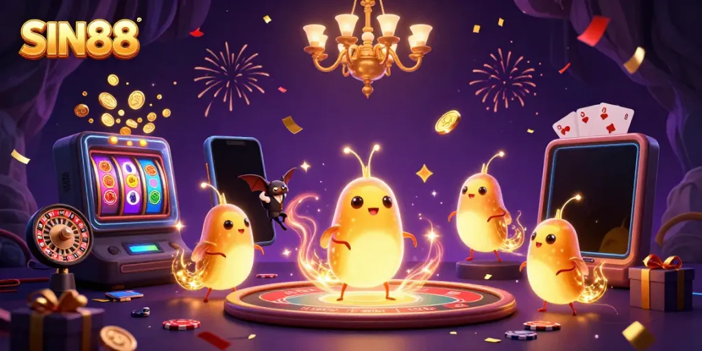 Experience the magic of SIN88 with animated glowworms illuminating a vibrant casino scene.