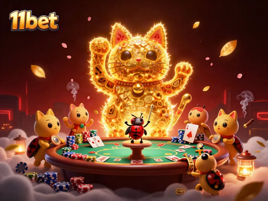 Experience the thrill of 11bet with golden fireflies and vibrant casino symbols in a dynamic 3D scene.