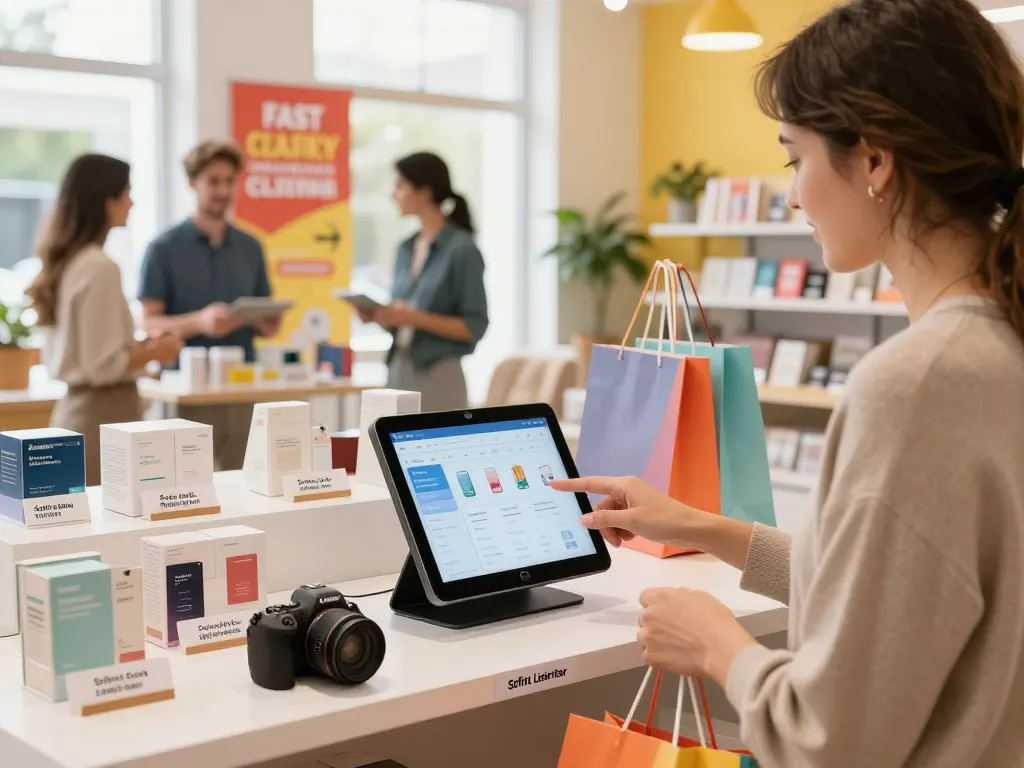 Sofort Lieferbar Produkte in einer einladenden E-Commerce-Shopping-Umgebung, die einen zufriedenen Kunden zeigen, der sich mit sofort verfügbaren Angeboten beschäftigt.