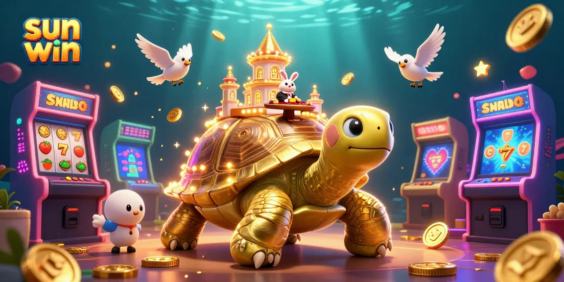 Play slots and win with sun win in an ultra-detailed casino scene featuring a golden tortoise.
