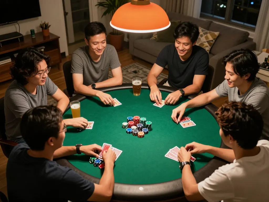 Players engaged in a thrilling poker game at home, showcasing the SC88 online gaming experience