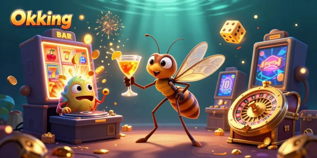Witness Okking's vibrant casino adventure with a frozen-in-amber mosquito mascot and lively game elements.