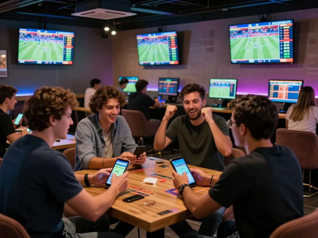Cheering fans in a sports betting lounge embrace LINK VÀO F168 for thrilling wagers on live events