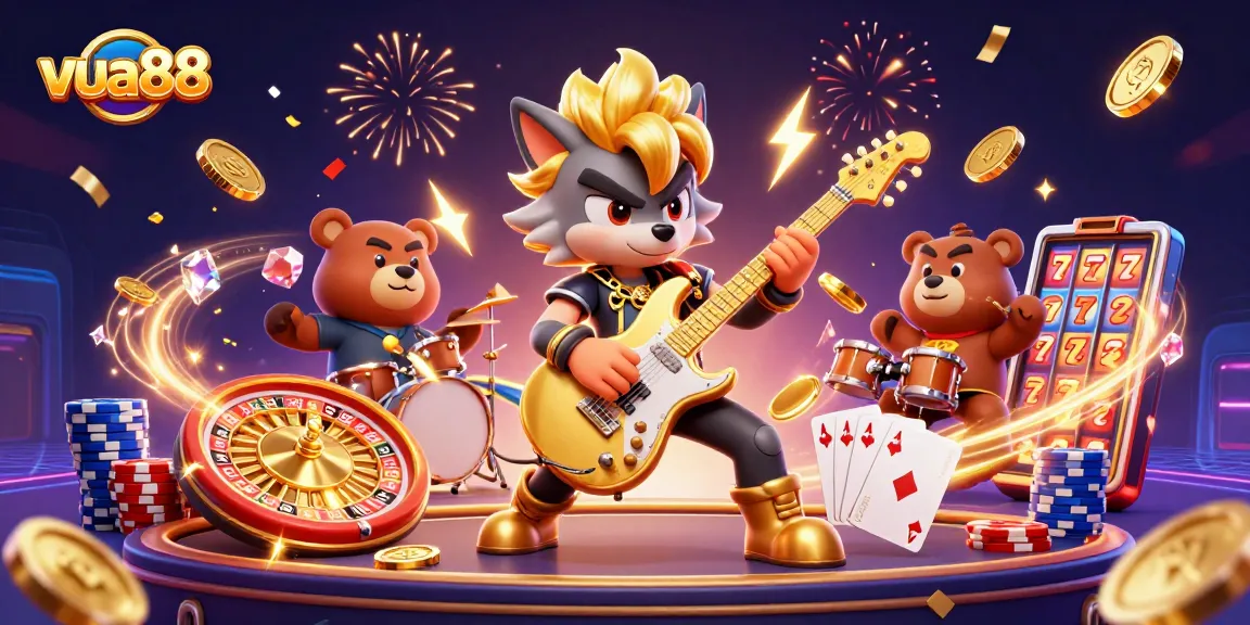 Experience the excitement of vua88 with a vibrant casino stage scene featuring rock star characters and dynamic gaming elements.