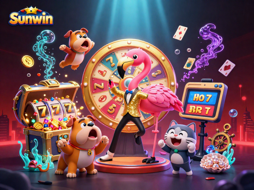 Spin the golden prize wheel with Sunwin's vibrant characters in an exciting casino atmosphere.