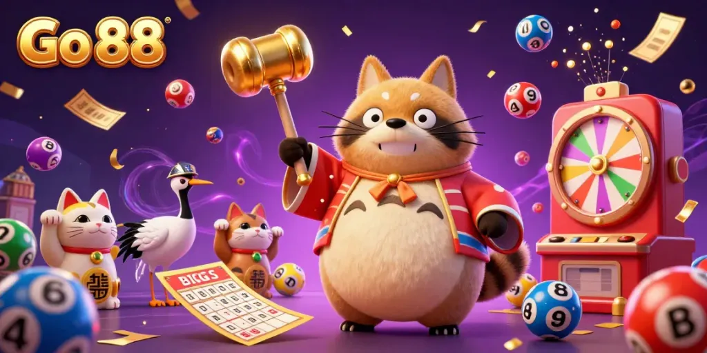 Engage with Go 88's vibrant casino scene featuring a cheerful tanuki, lucky symbols, and colorful game elements.