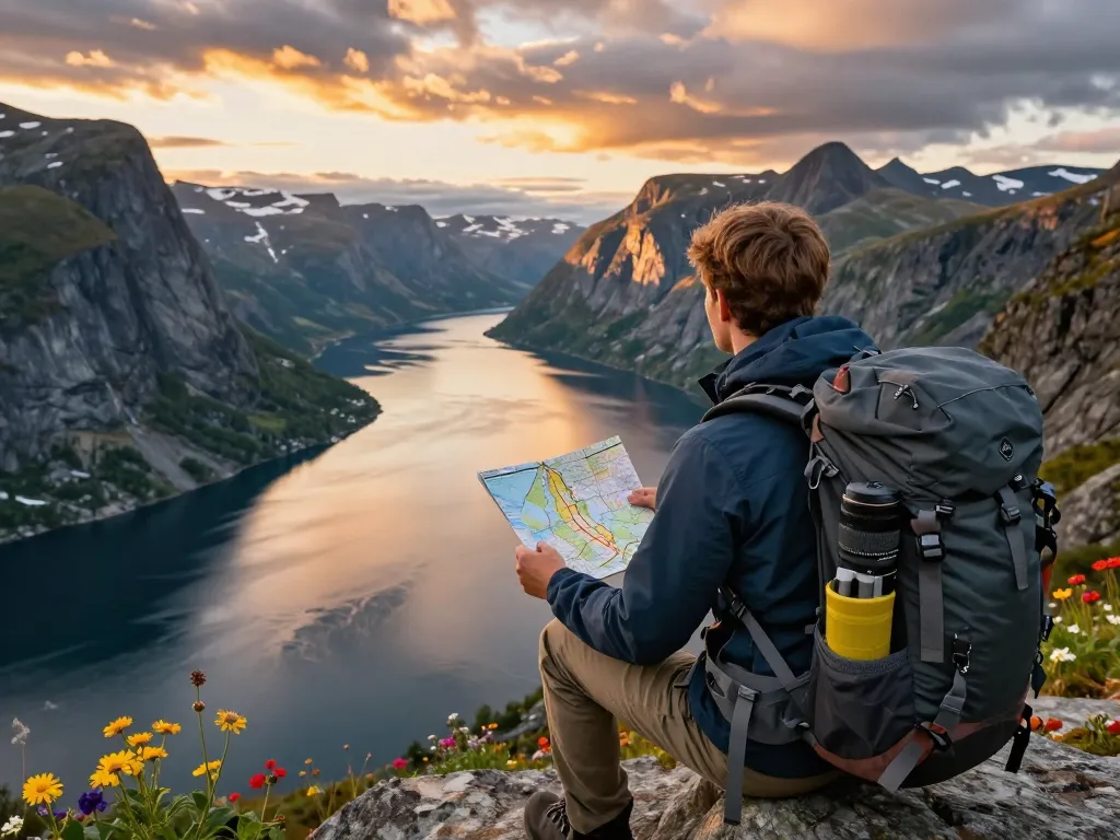 Reisender am malerischen Fjord, der Skandinavien Reisetipps im atemberaubenden Licht eines Sonnenuntergangs präsentiert