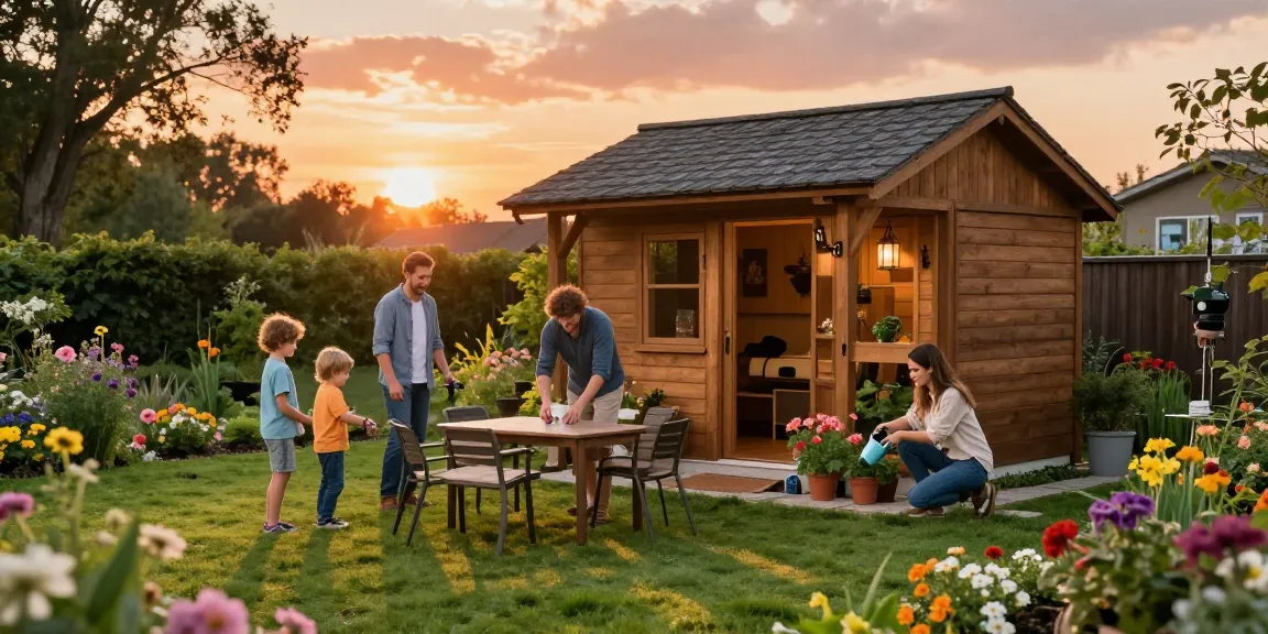 Ein Gartenhaus Holz umgeben von Blumen, eine Familie spielt im Garten.