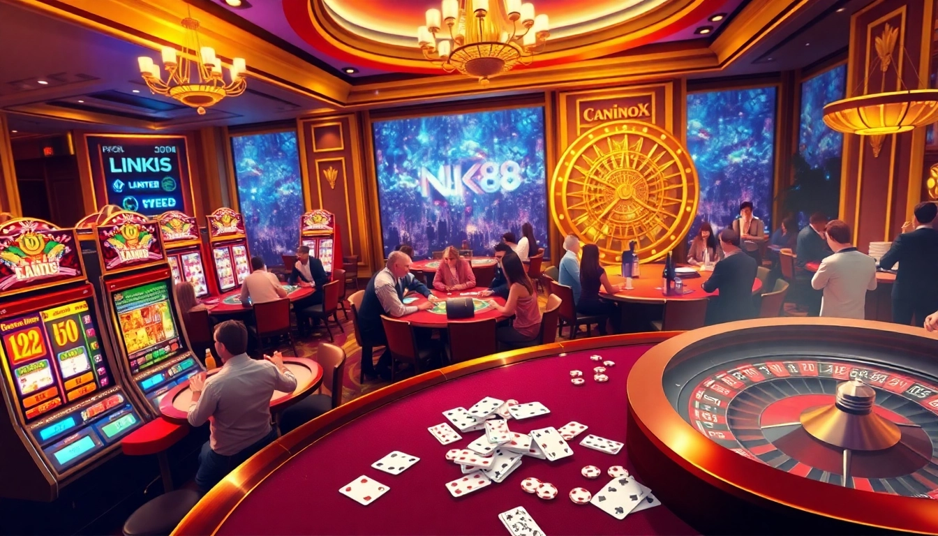 Exciting players at NK88 casino table enjoying poker and roulette action with vibrant lighting.