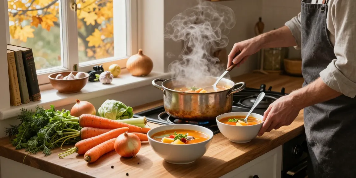 Suppe kaufen - Gemütliche Küchenszene mit Koch, der frische Suppen aus lebhaften Gemüse zubereitet, beleuchtet von natürlichem Licht, was Wärme und saisonale Aromen betont.