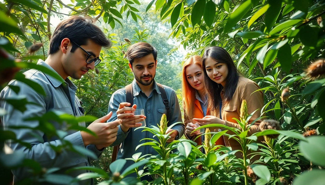 Umweltforschung durch ein engagiertes Team in einem grünen Wald, das Experimente durchführt.