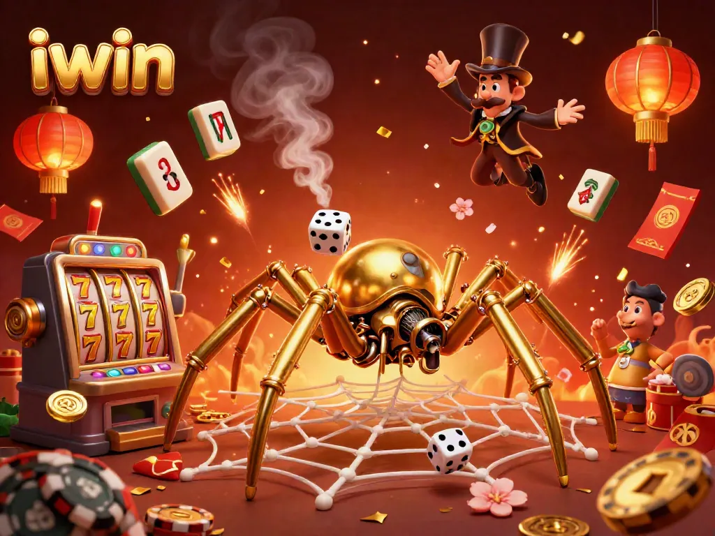 Experience the thrill of iwin with a dynamic casino scene featuring golden spider characters.