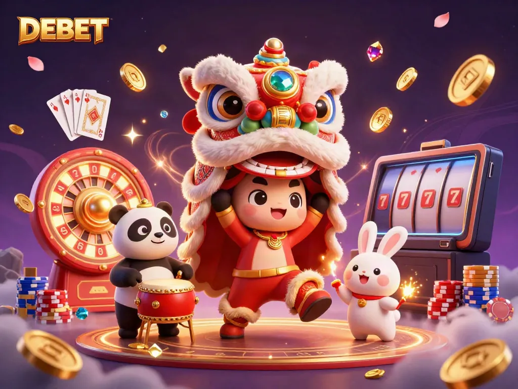 Experience DEBET's exhilarating gaming with a vibrant lion dance and animated casino elements.