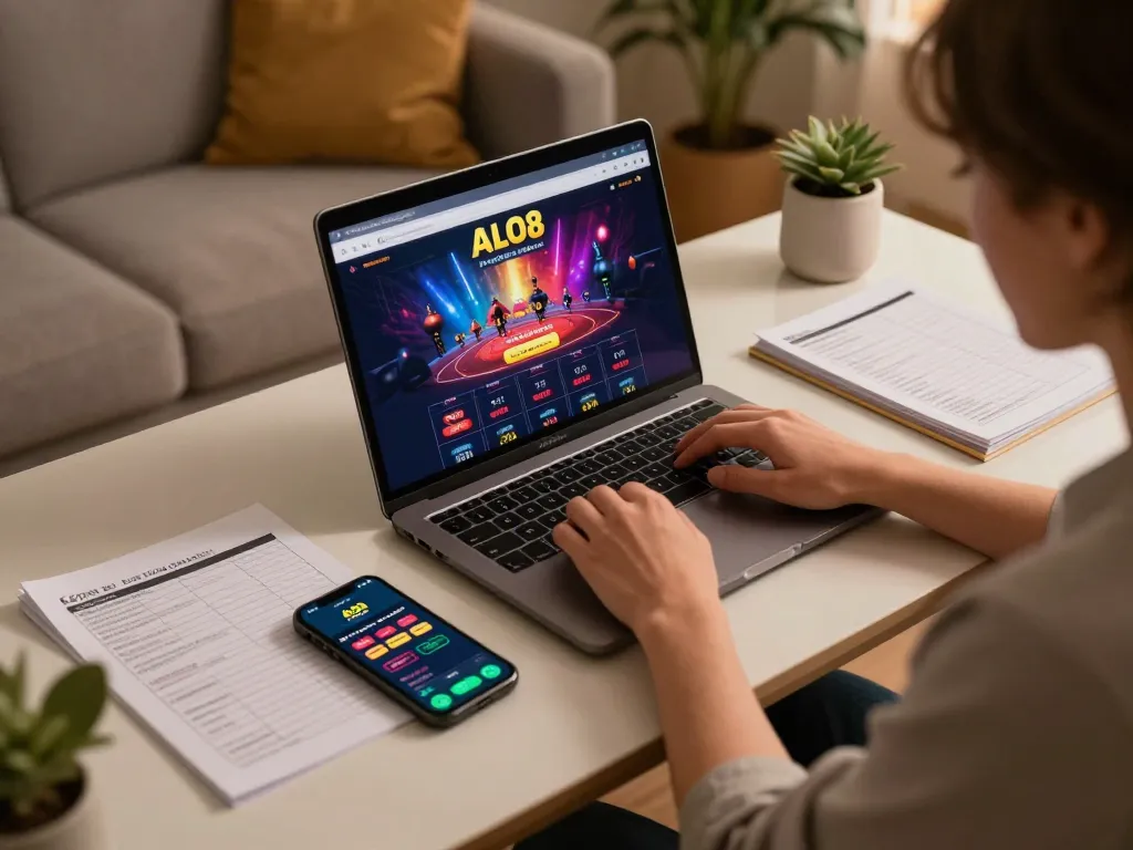 Player engaging with the ALO8net online casino interface on a laptop, creating an immersive gambling experience.