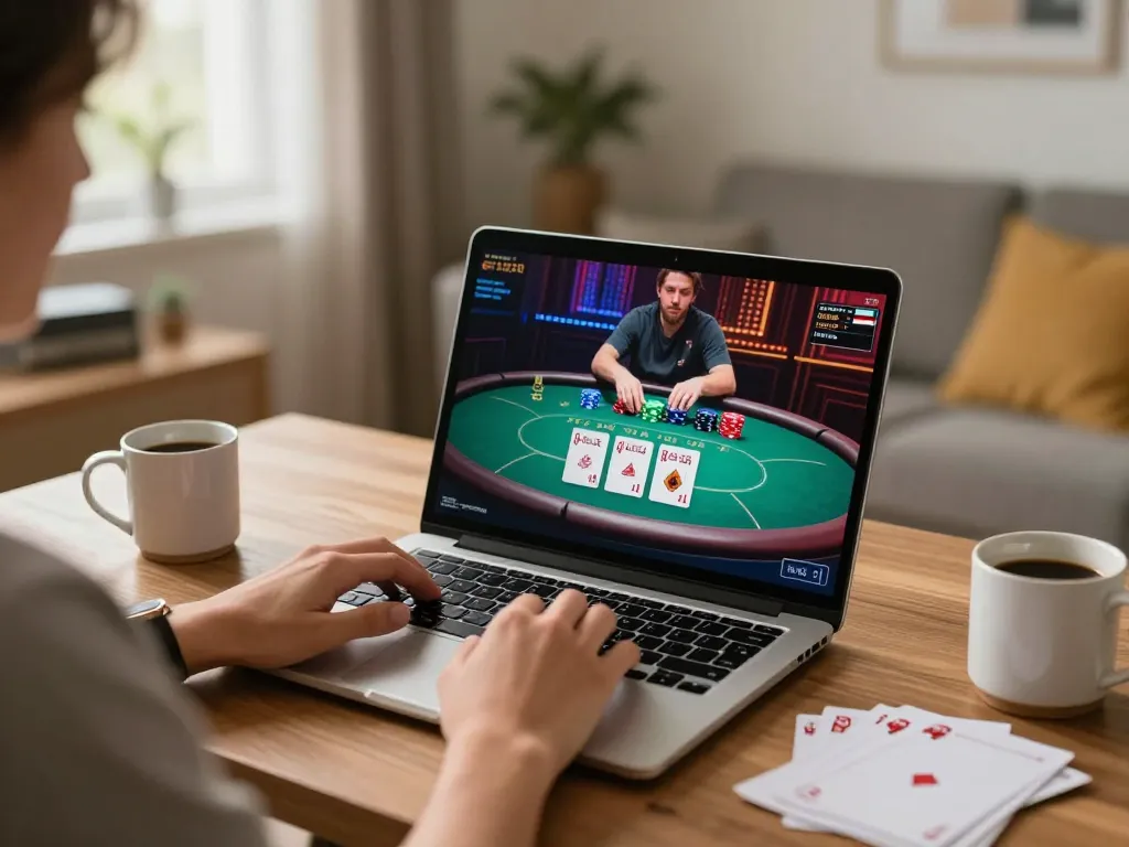 Engaging in online poker mientras đăng nhập 33win, showcasing a cozy home gaming setup