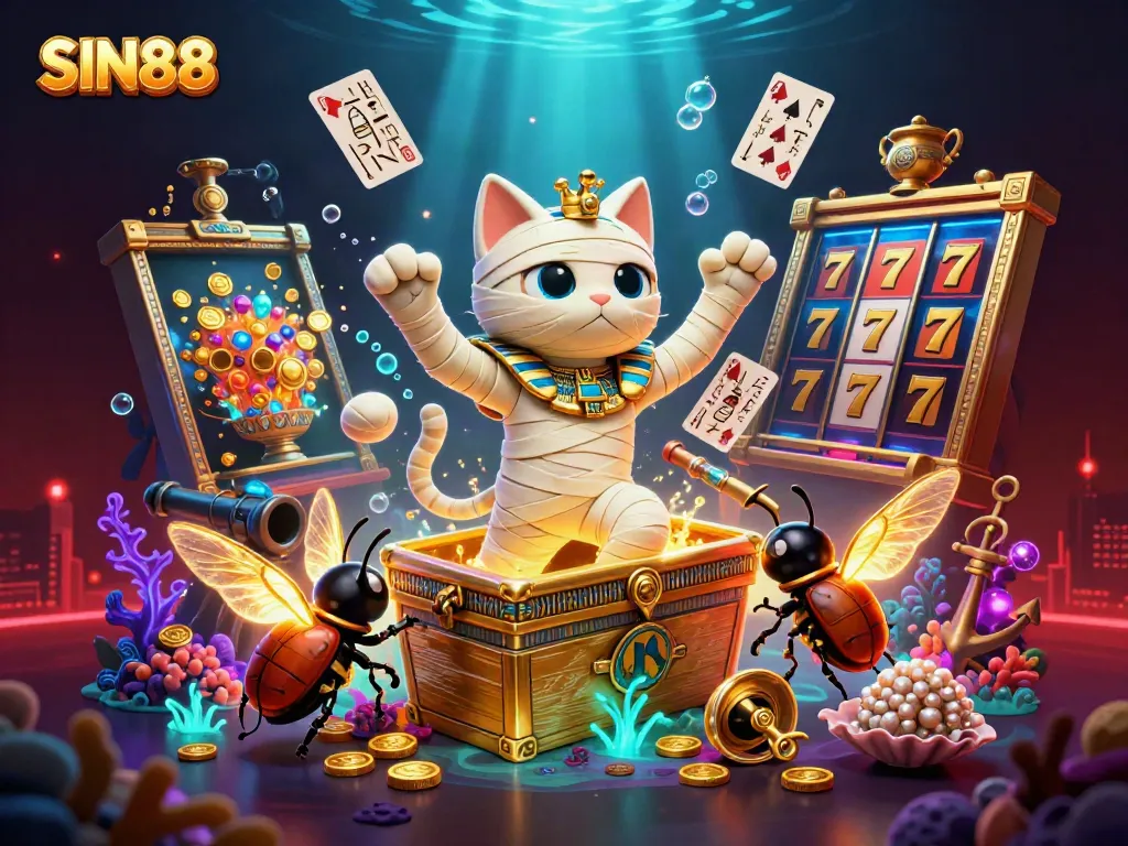 Experience thrilling gaming with SIN88's vibrant casino illustration featuring a mummy cat and treasures.