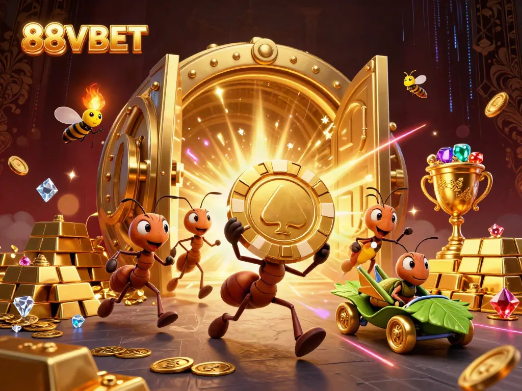 Join the heist at 88VBET with ants carrying a giant poker chip, vibrant casino rewards.