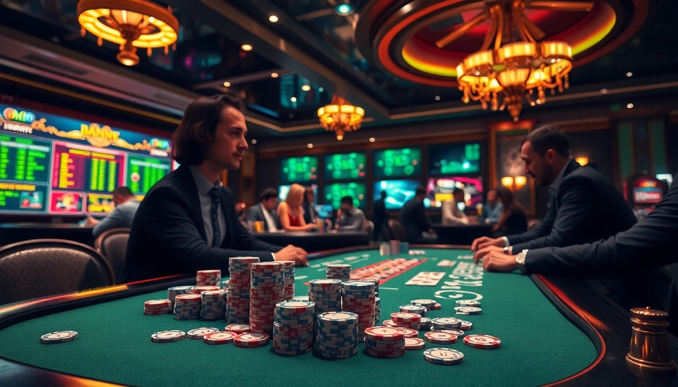Nohu đăng nhập at a vibrant casino table with players, poker chips, and roulette wheel.