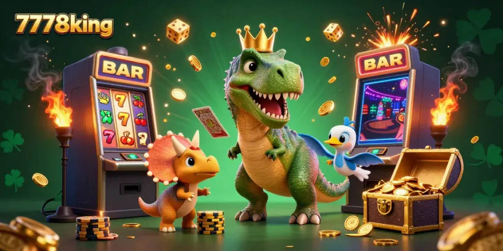 Experience the excitement of 7778king with friendly characters in a rich casino scene.